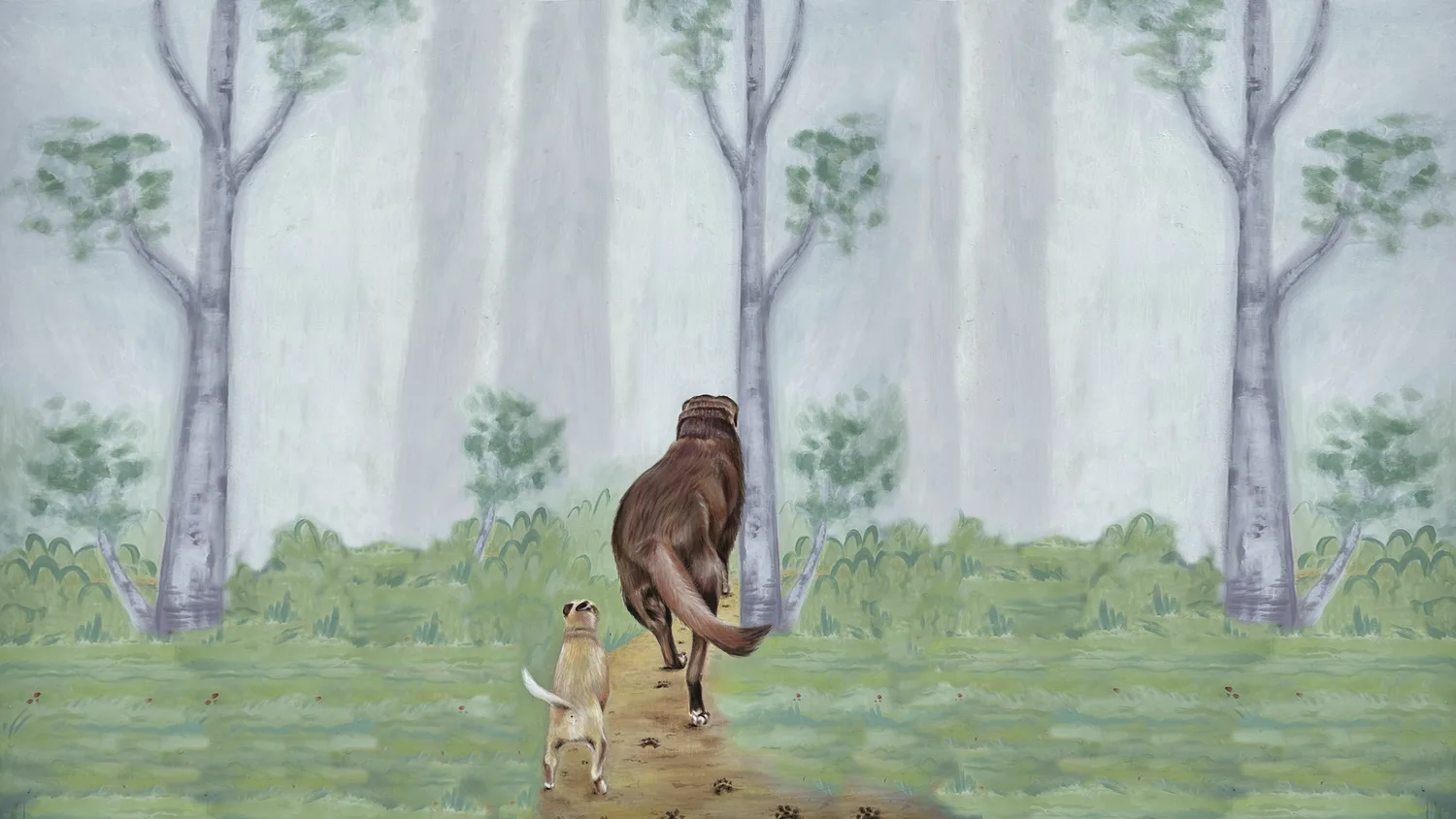 Hand-painted gum-forest mural — a large Labrador and small pup walking a misty path — Hamlet Hounds salon backdrop